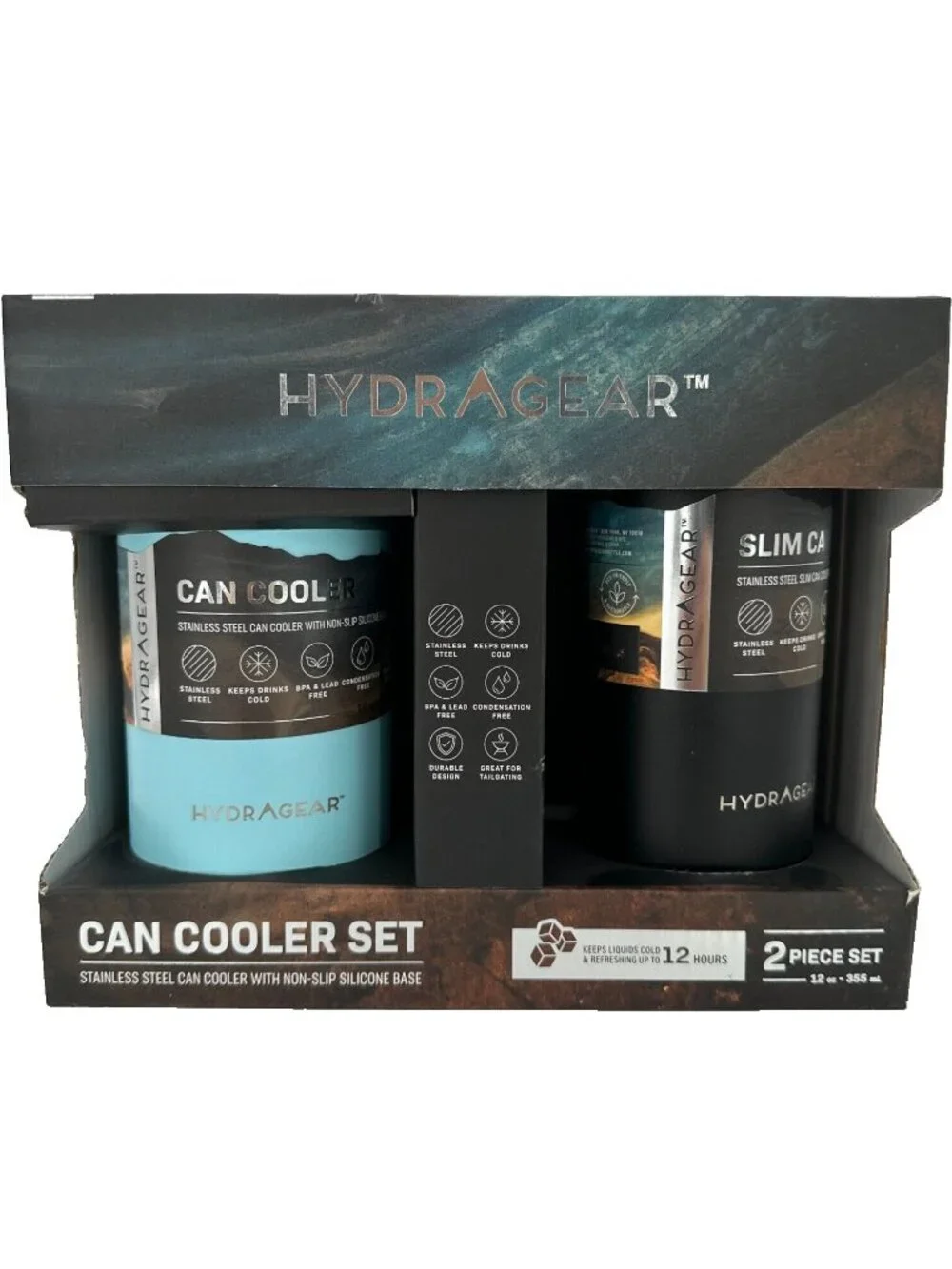 HydraGear Can Cooler Set 12 oz Stainless Steel Non-Slip Silicone Base SLIM & Reg